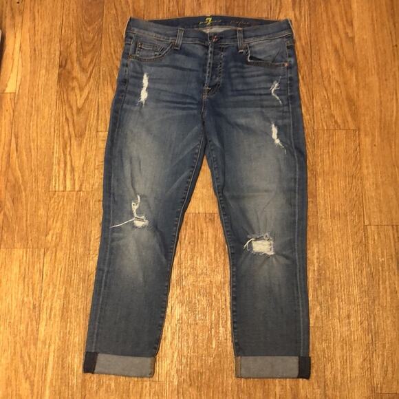 7 For All Mankind Blue Distressed Demin Josefina Boyfriend Skinny Jeans Size 27 - Picture 2 of 12